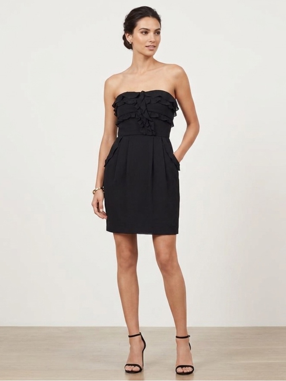 Luna by Josandra Strapless Black Silk Dress with Ruffles, sz M